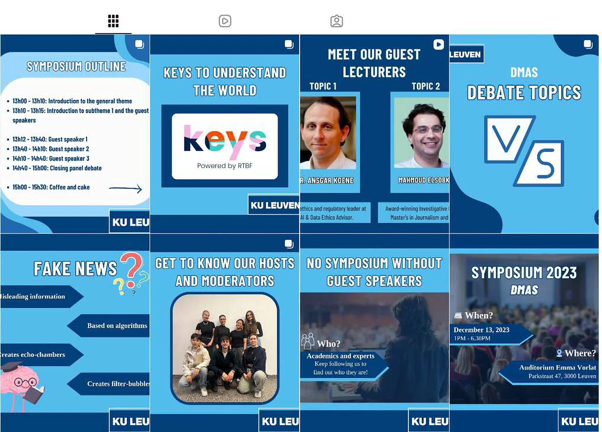 Instagram grid of the KU Leuven symposium in blue and white: outline, guest lecturers, debate topics, hosts